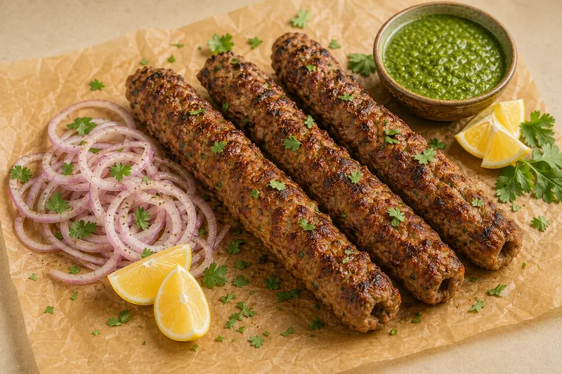 Fresh seekh kababs with green chutney, onion, lemon, and coriander
